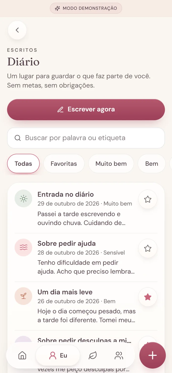 Tela Diário com busca por palavra ou etiqueta e lista de entradas fictícias.