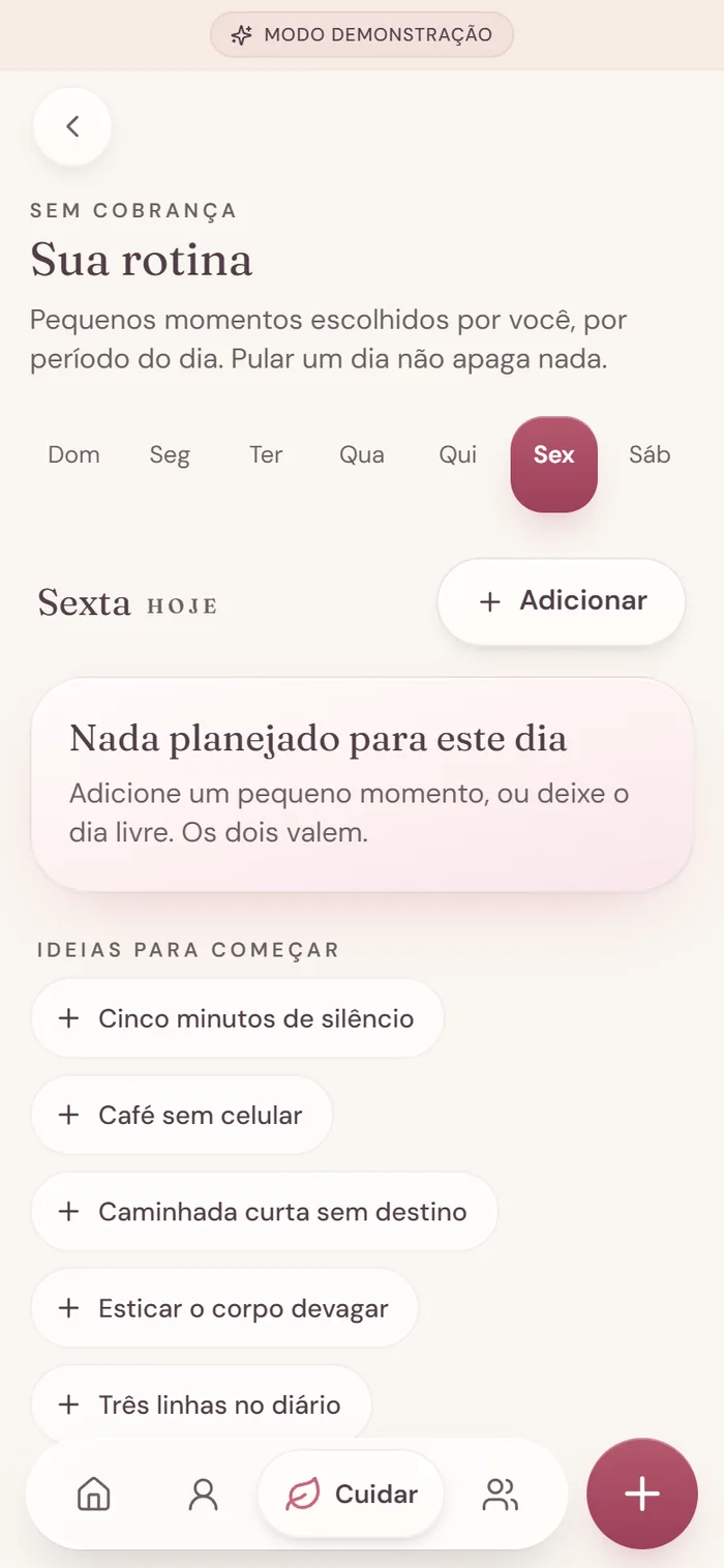 Tela Sua rotina com os dias da semana e ideias para começar.